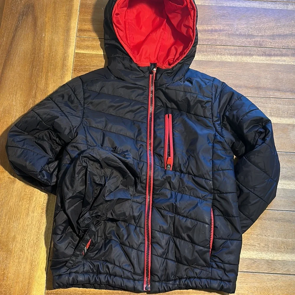 Lands' End Kids Black Puffer Jacket with Red Trim